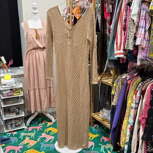 BOUTIQUE (BROWN) CROCHET OPEN KNIT DRESS COVERUP LONG SLEEVE BELL SLEEVES XL - Picture 2 of 2